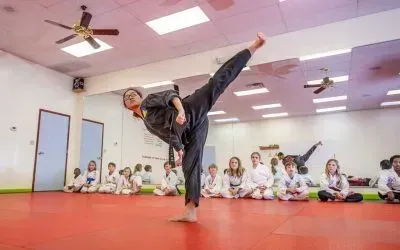 Karate instructor demonstrating a high kick in a dojo