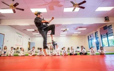 Karate instructor demonstrating a high kick in a dojo