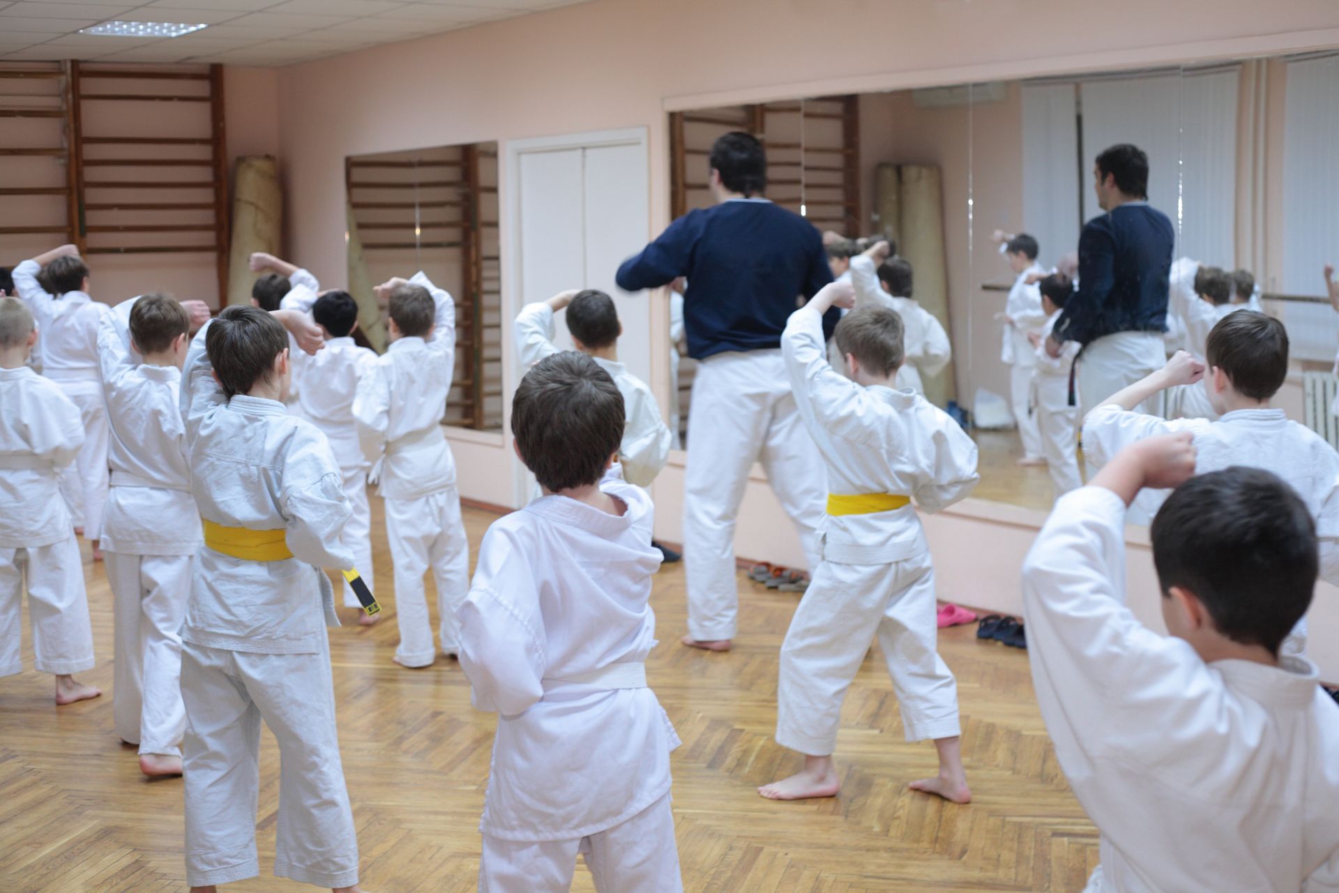 Karate instructor demonstrating a high kick in a dojo