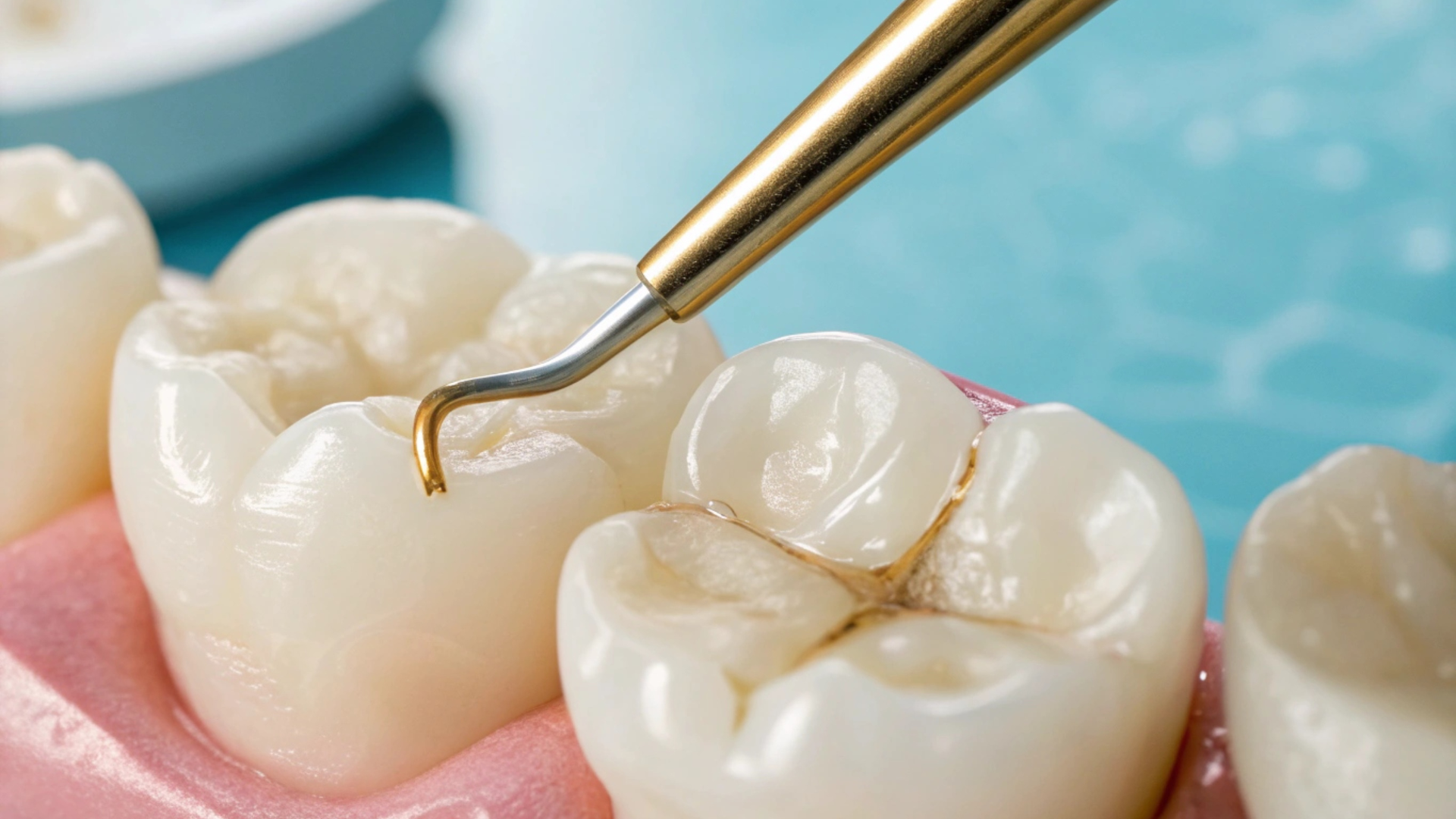 Dental instrument probing a tooth, close-up. Light-colored teeth with pink gums against a blue backdrop.
