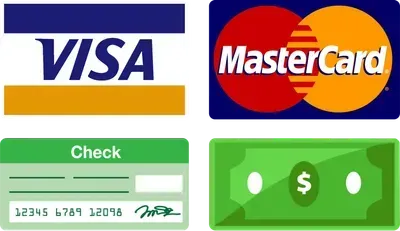 Logos for Visa, Mastercard, a check, and a dollar bill, representing payment methods.
