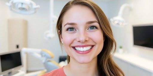 Woman smiling widely in a dental office.