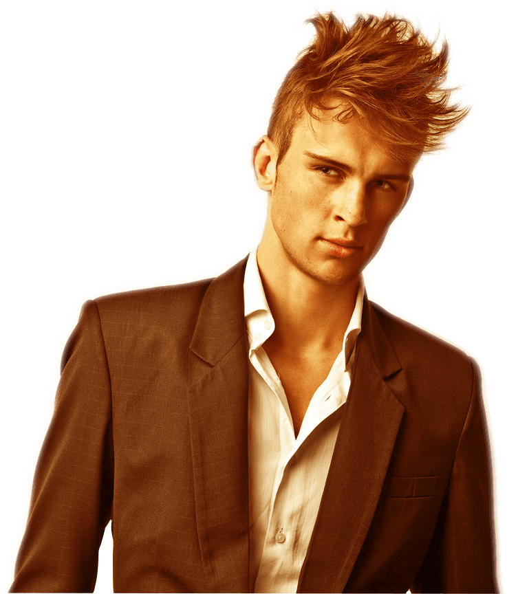 Junger Mann mit stacheligem blondem Haar in dunklem Anzug und weißem Hemd, der in die Kamera blickt.