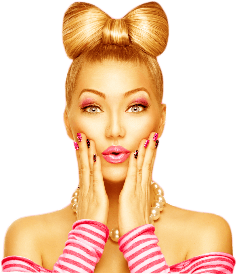 Blonde Frau mit rosa Schleifenfrisur, schockiertem Gesichtsausdruck, rosa Make-up, hält ihr Gesicht mit den Händen.