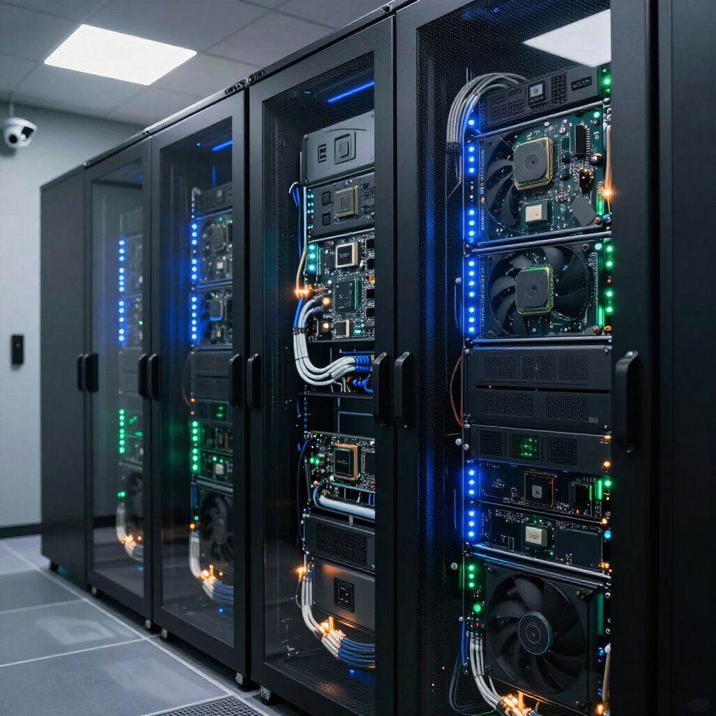 A laboratory setting with researchers collaborating around a server rack, fine-tuning a large language model.