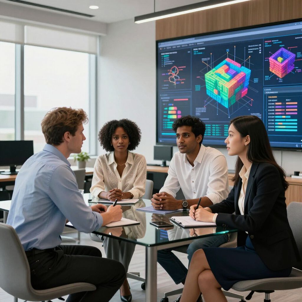 A team of software developers brainstorming and whiteboarding a new application architecture for a custom software solution