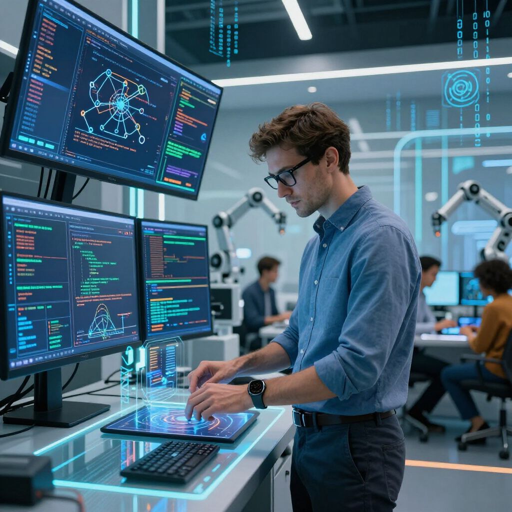 An illustration of an autonomous AI agent managing a complex workflow, interacting with various digital systems on behalf of a user.