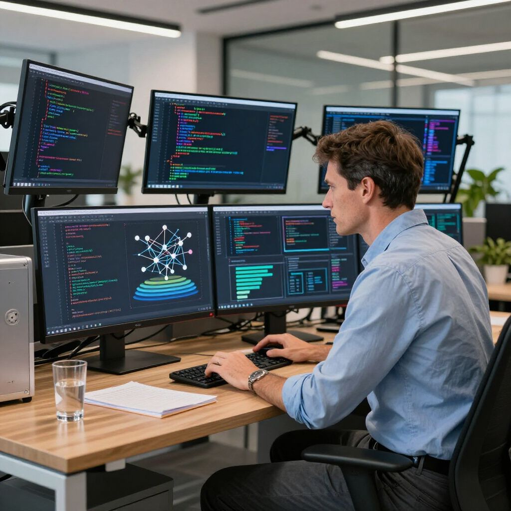 A developer's hands typing code on a laptop with multiple monitors displaying lines of code and a user interface preview, illustrating the process of custom software development