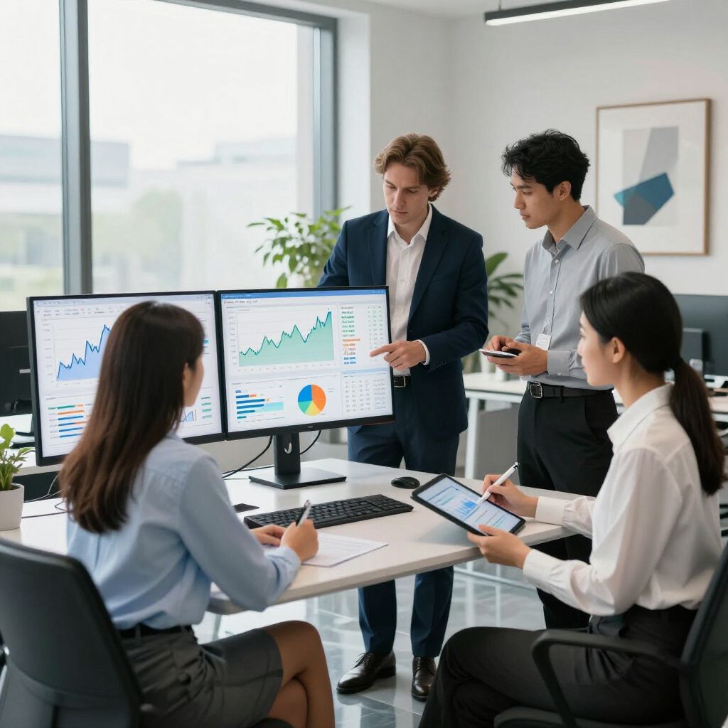Two business teams collaborating over a video conference with an AI assistant providing real-time transcription and translation, highlighting global B2B communication solutions
