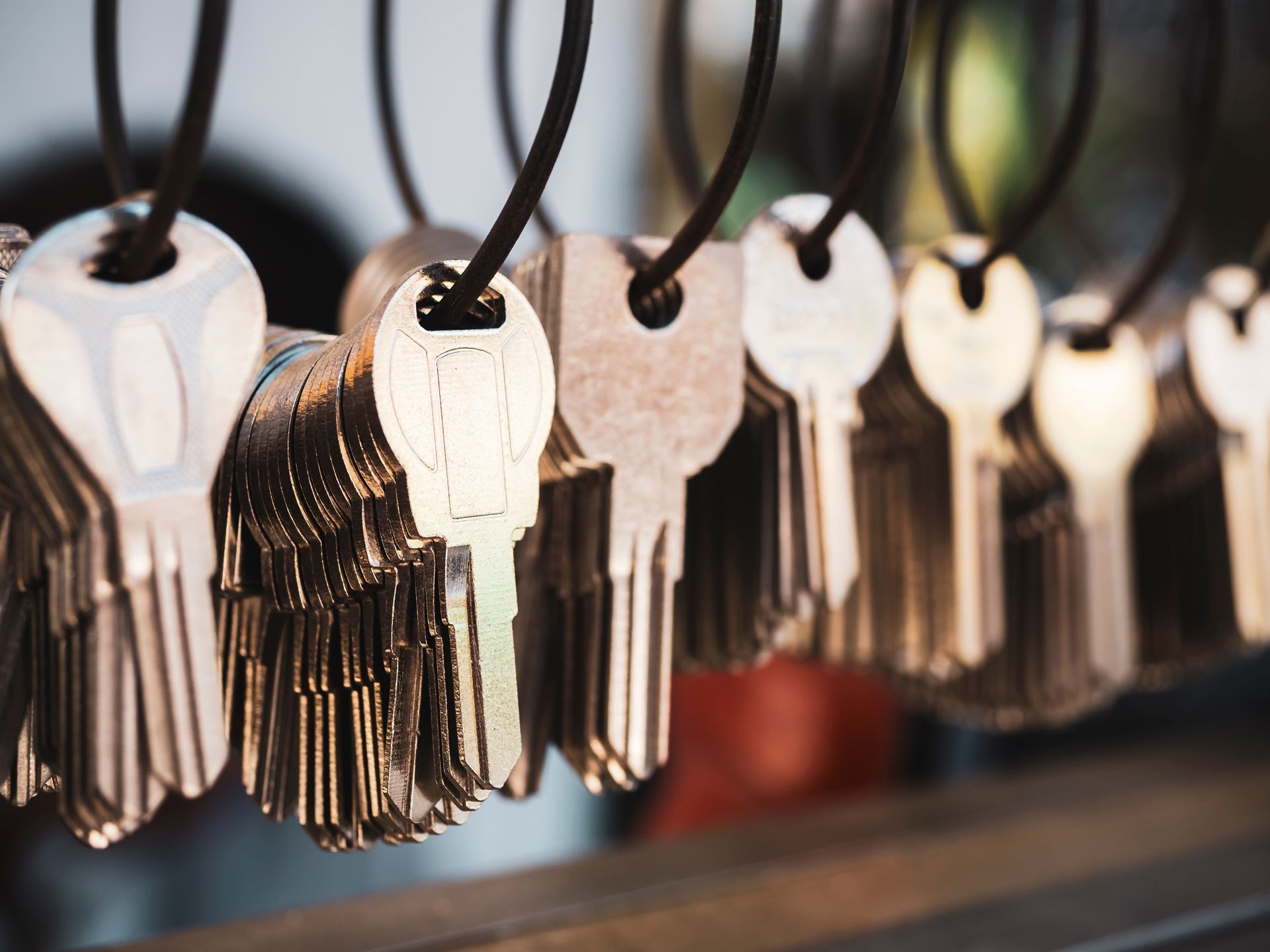 Keys hanging in a row, with details visible.
