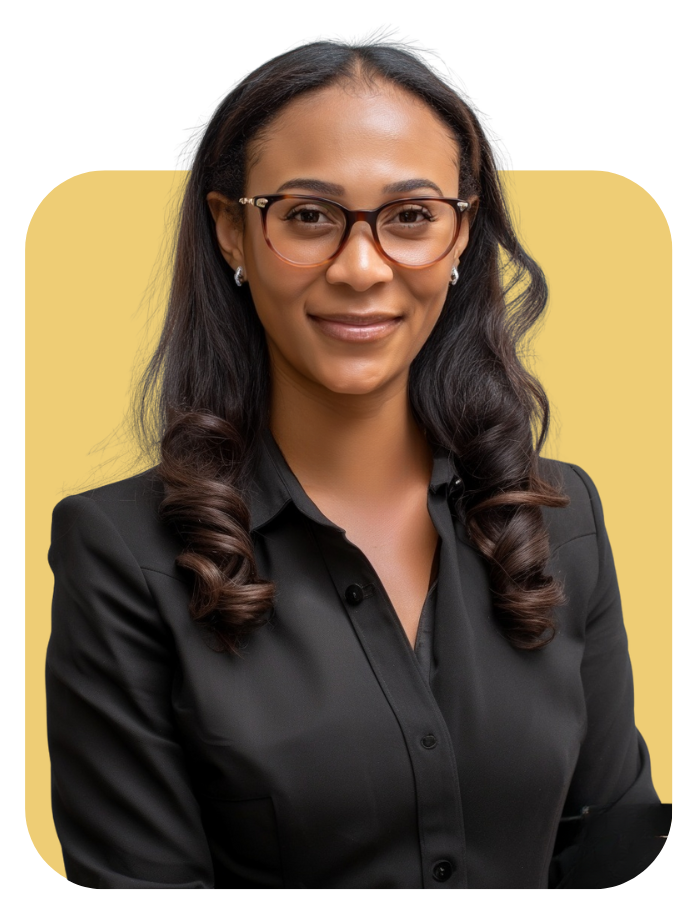Woman with glasses wearing a black blazer smiles against a yellow backdrop.