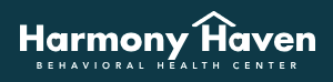 Harmony Haven Behavioral Health Center logo with house icon. Text is white on teal background.