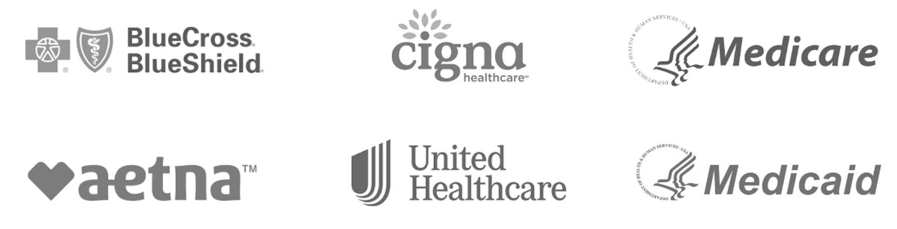 Logos of health insurance providers: BlueCross BlueShield, Cigna, Medicare, Aetna, United Healthcare, Medicaid.