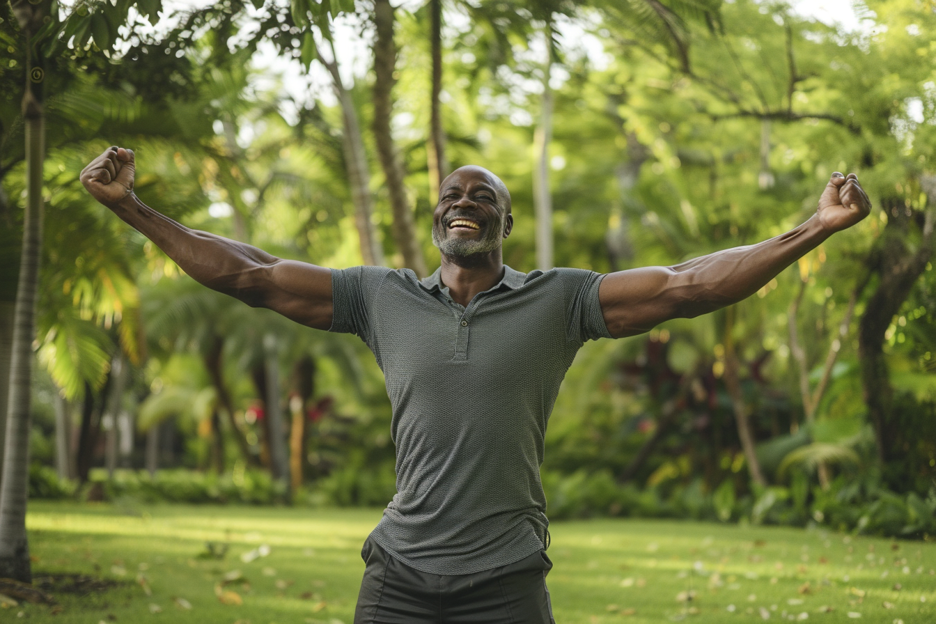 Man with arms raised, smiling, in a park. He is muscular, wearing a gray shirt. Lush green background.