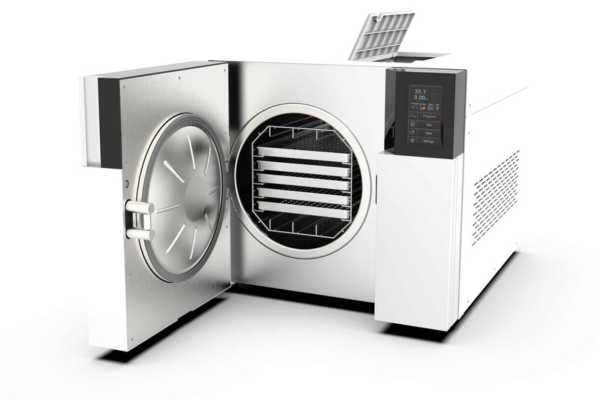 photo of top of the range Icanclave T series benchtop autoclave with water tank open, chamber door open and screen on.