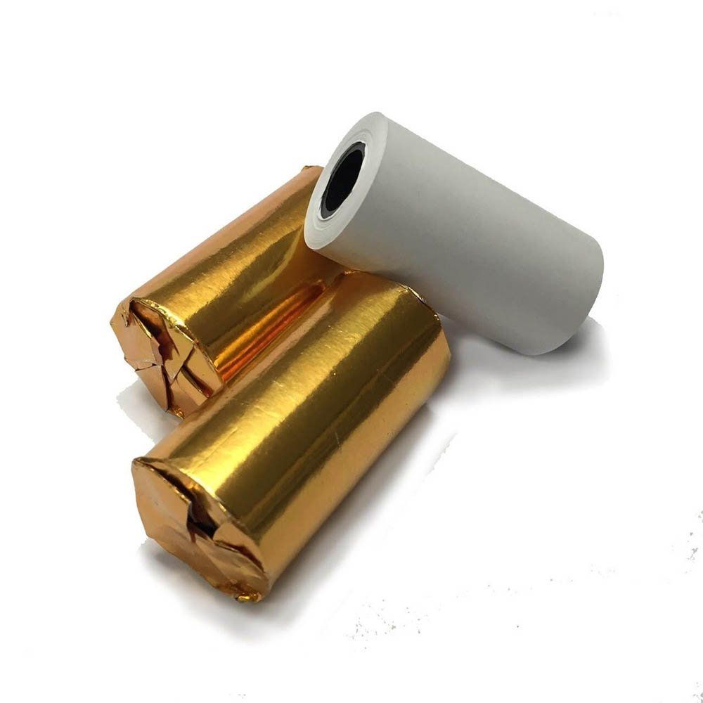 photo of three thermal paper rolls, two of which are wrapped in gold foil.