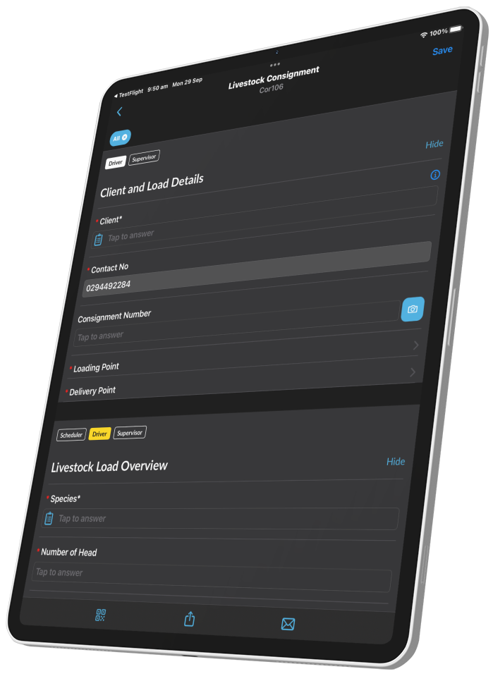 Tablet screen showing a preview of the app, including client and load defaults, with various options.