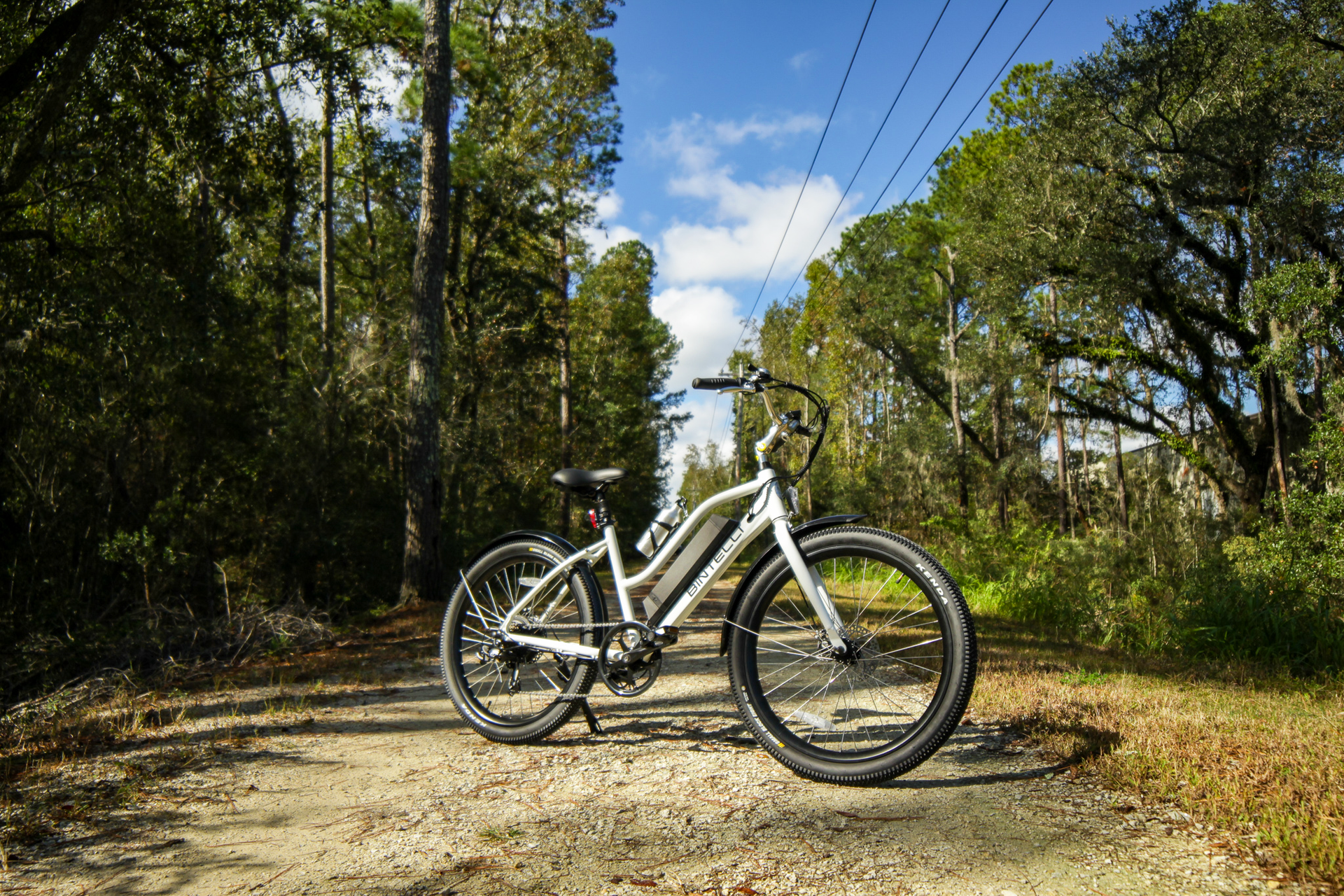 A white bicycle is parked on a dirt road in the woods.