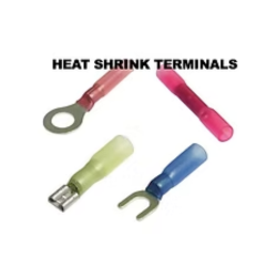 Heat shrink terminals in red, yellow, and blue, including ring, bullet, and spade connectors.