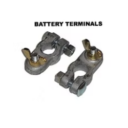 Pair of silver battery terminals with wing nuts, labeled 