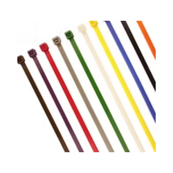 Assorted colored cable ties arranged diagonally. Colors include brown, purple, red, gray, green, cream, yellow, blue, black, and orange.