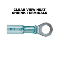 Clear, heat shrink ring terminal, blue, with wire gauge information printed on the shrink tube.