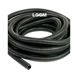 Black corrugated plastic loom tubing coiled.
