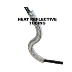 Silver heat reflective tubing wraps around a black wire, labeled 