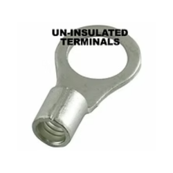 Silver uninsulated ring terminal with a cylindrical barrel and circular eyelet.