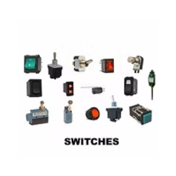 Collection of various electrical switches, including toggle, rocker, and push-button types.