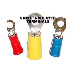 Three vinyl insulated ring terminals, red, yellow, and blue, for electrical wiring.