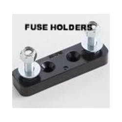Black fuse holder with two bolt terminals, holding silver nuts and washers.