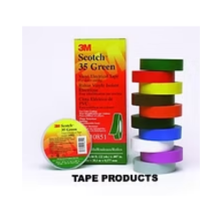 Stack of colorful electrical tape rolls with a box and roll of green tape.