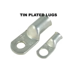 Tin-plated copper wire lugs with circular holes for securing wires.