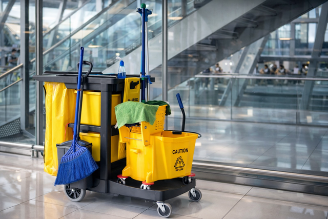 A yellow janitorial cleaning cart with a mop bucket, blue broom, and supplies stands on a shiny floor in a modern lobby.