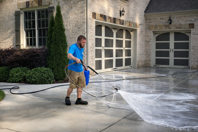 A person in a blue shirt sprays soap onto a concrete driveway in front of a brick house with two garage doors.