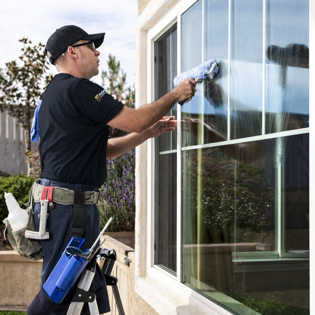 A person in a black uniform cleans an outdoor window using a squeegee, wearing a tool belt with cleaning supplies.