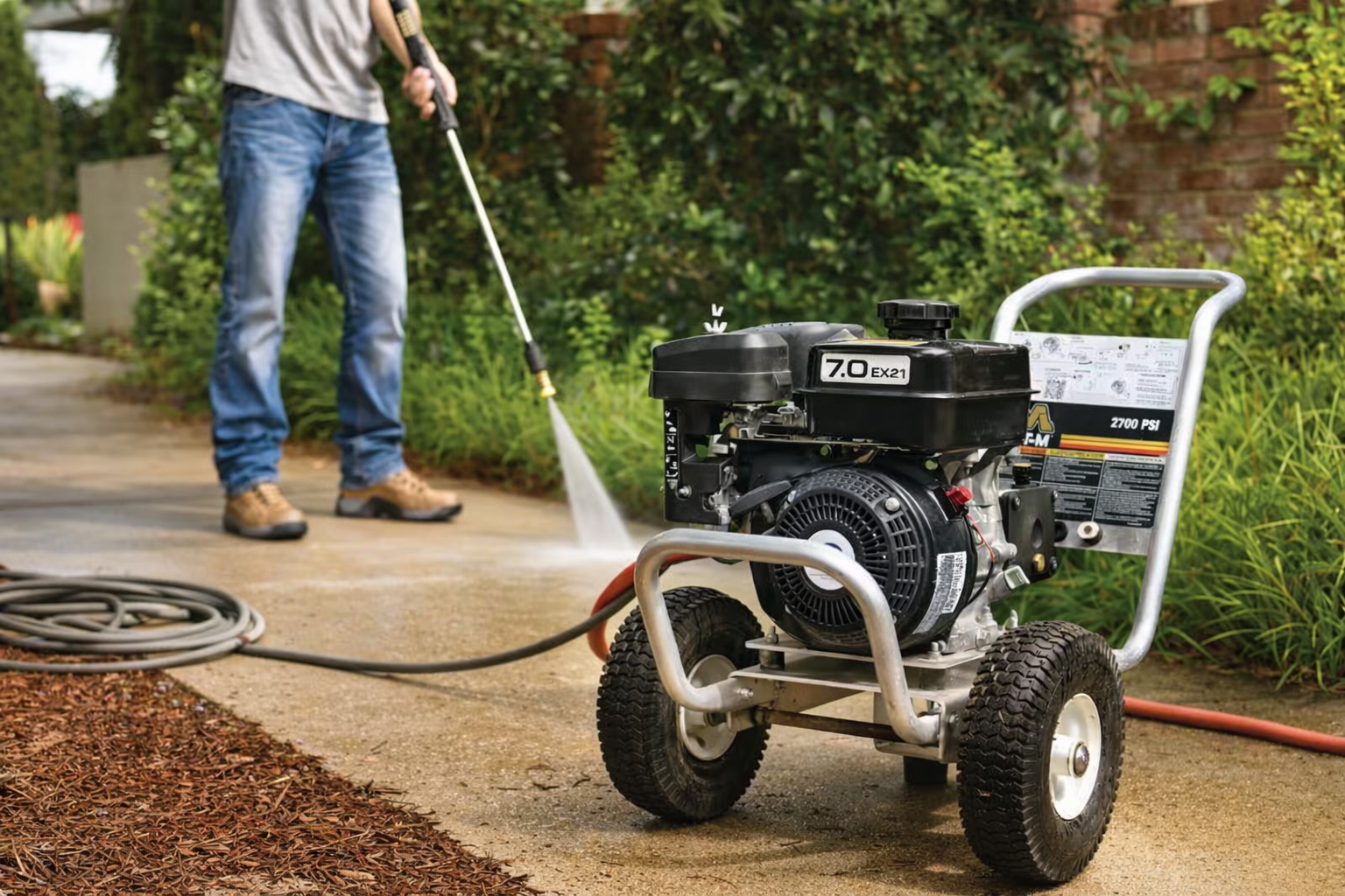 A person uses a gas-powered pressure washer to clean a concrete path in a garden setting.