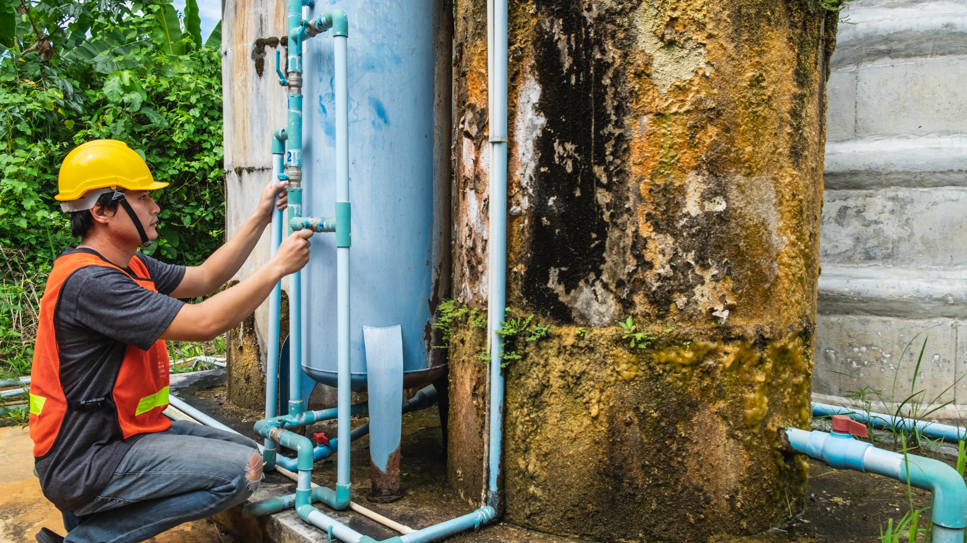 A man in a hard hat is working on a water tank.