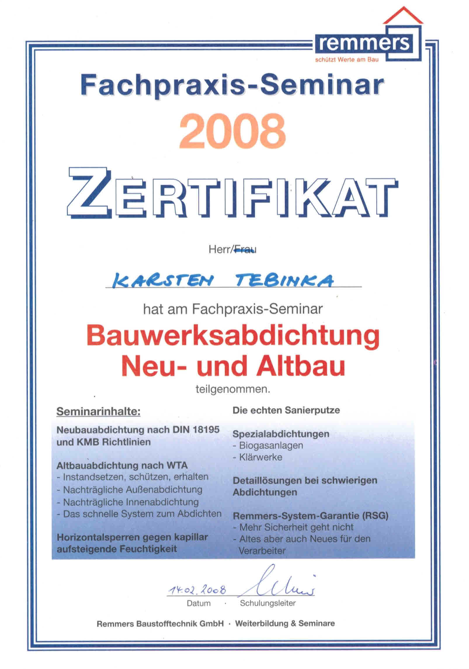 Ein Zertifikat mit der Aufschrift „Fachpraxis-Seminar 2008“