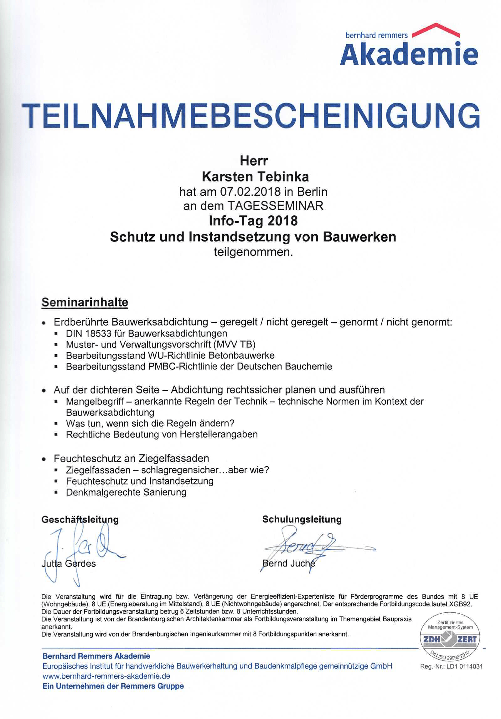 It is a certificate that says teilnahmebescheinigung on it.