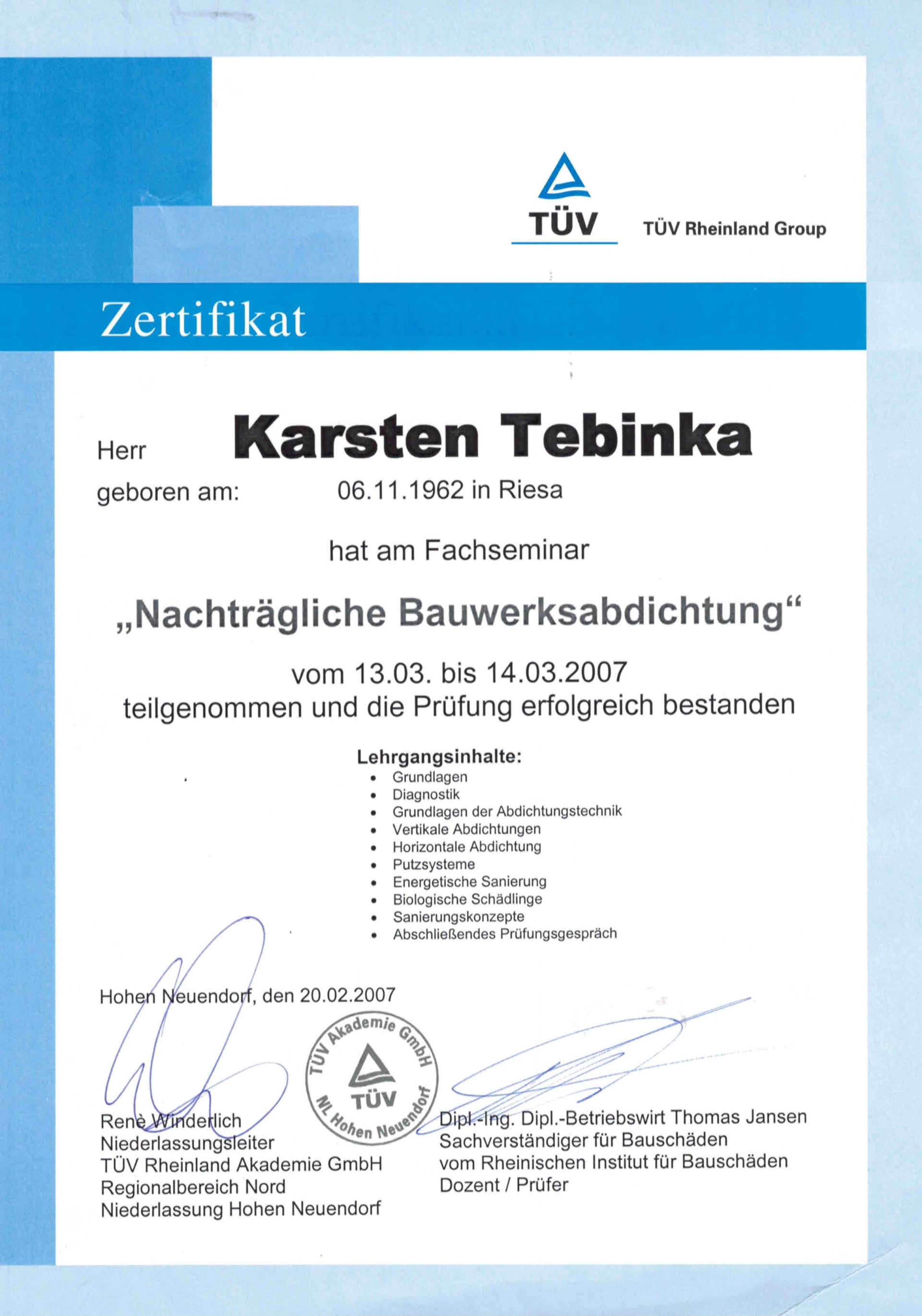 Ein Zertifikat, auf dem Karsten Tebinka steht