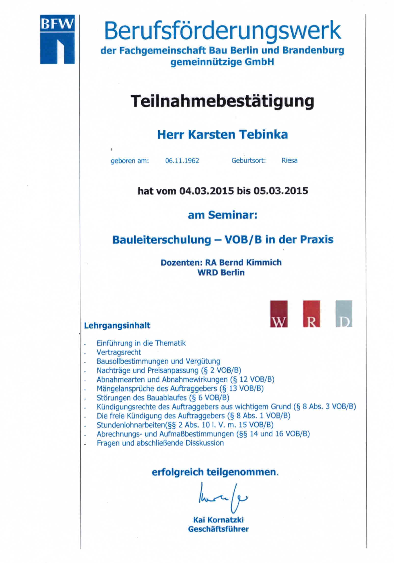 A certificate that says berufsförderungswerk on it