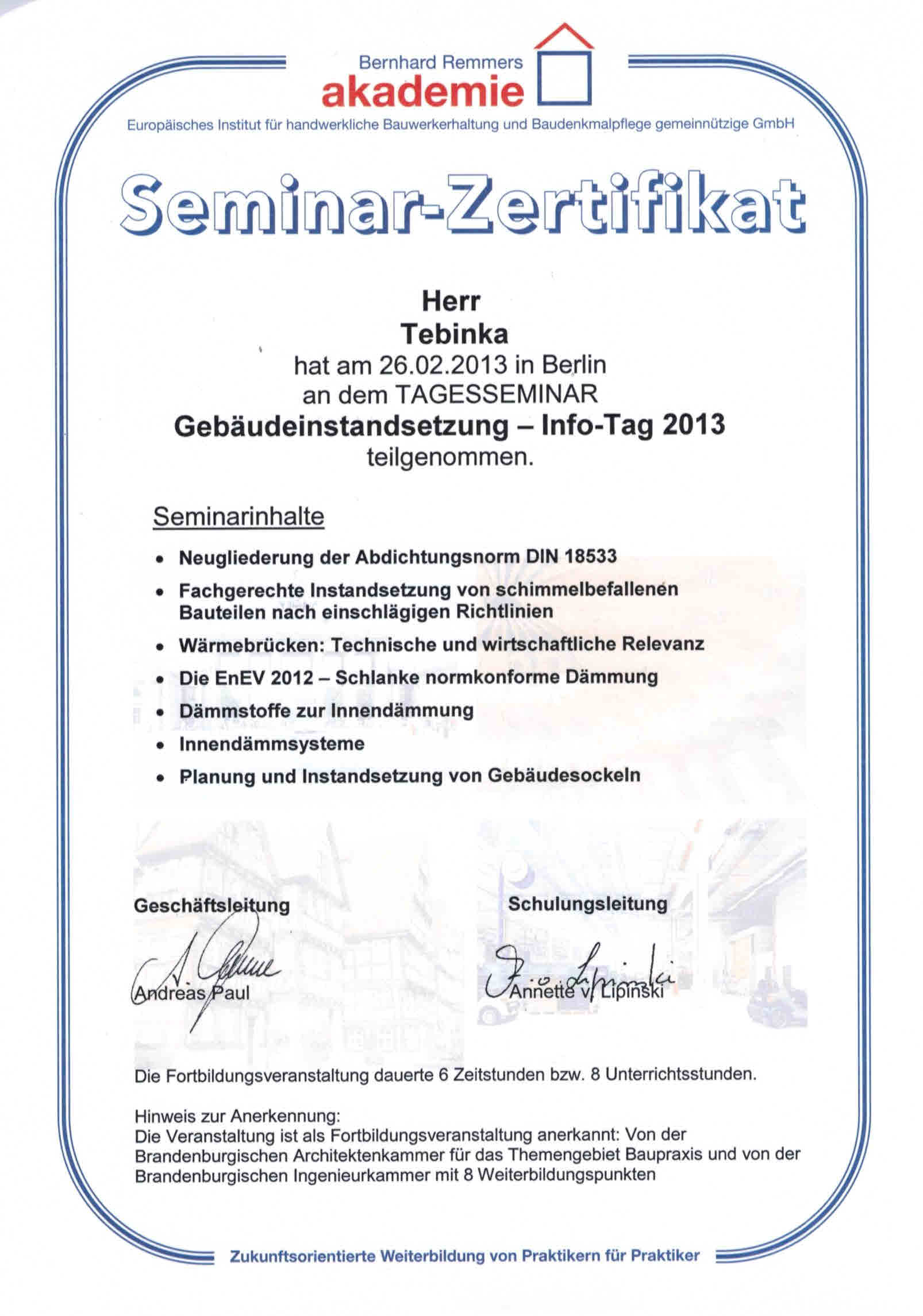 Ein Zertifikat mit der Aufschrift Seminar-Zertifikat