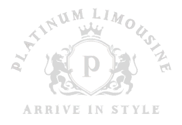 Logo for Platinum Limousine, featuring a shield with the letter 'p', flanked by lions, topped with a crown.