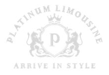 Logo for Platinum Limousine, featuring a shield with the letter 'p', flanked by lions, topped with a crown.