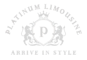 Logo for Platinum Limousine, featuring a shield with the letter 'p', flanked by lions, topped with a crown.