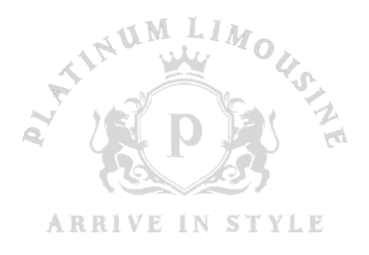 Logo for Platinum Limousine, featuring a shield with the letter 'p', flanked by lions, topped with a crown.