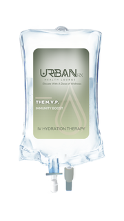 A bag of liquid iv bag with a label that says urbanrx health lounge mobile iv services in houston, tx
