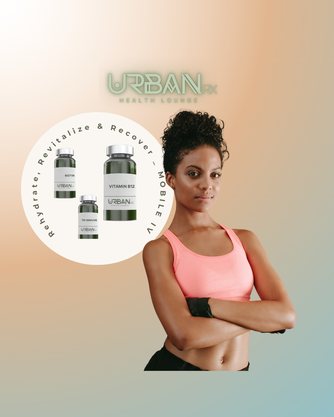 A woman is standing with a sign  rehydrate, revitalize and recover- mobile IV urbanrx health lounge houston, tx